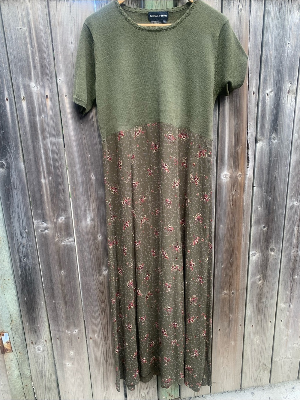 Vintage Tristan & Iseut Olive Green Floral Maxi Dress Size L